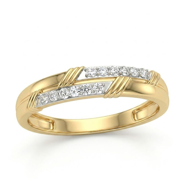 The 1/5CTW Natural Diamond Fashion Men's Band in 10K gold showcases two diagonal rows of natural diamonds in a crisscross design, with smooth, polished edges for a refined look.
