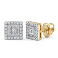 10k Yellow Gold Diamond Square Earrings 1/8 Cttw feature a screw-back design and multiple rows of sparkling diamonds in a geometric pattern, displayed on a plain white background.