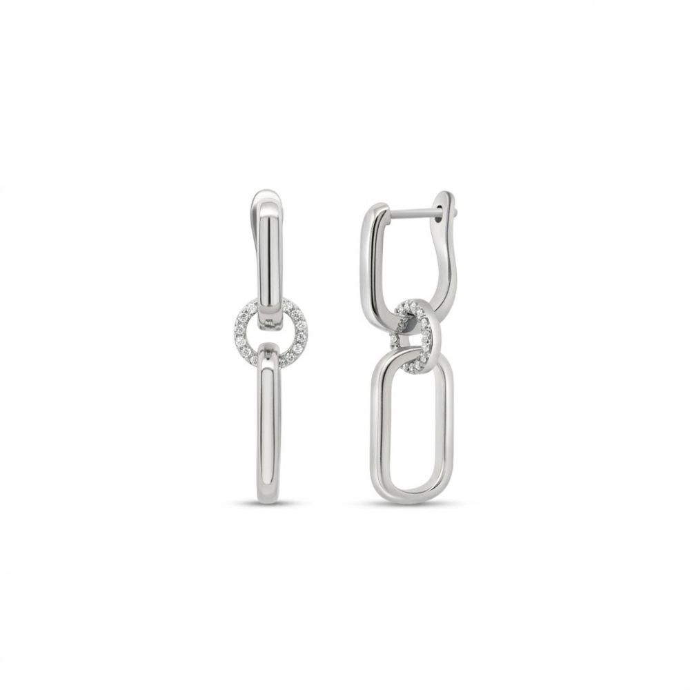 The Sterling Silver Diamond Dangling Earrings 1/6CTW feature a chain-link design with three connected oval links, the center accented with sparkling diamonds—creating a minimalist, elegant look ideal for gifting.