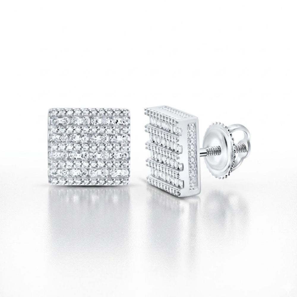 The Men’s Square Diamond Earring 1/2CTW Sterling Silver features multiple rows of sparkling diamonds set in sterling silver, shown from the front and side, with a secure screw-back closure.
