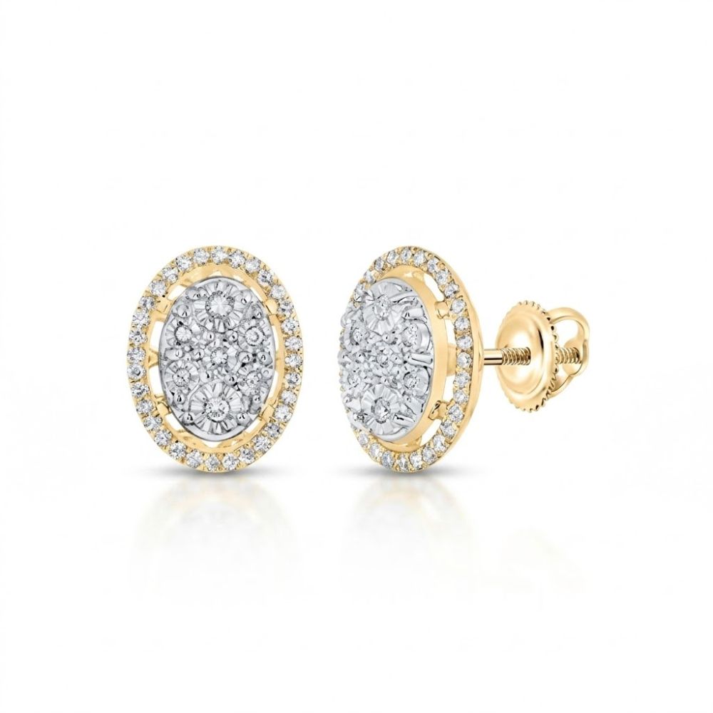1/4CTW Natural Diamond Oval Earrings in 10K yellow gold feature oval centers and halos adorned with diamonds, secured by screw-back closures.