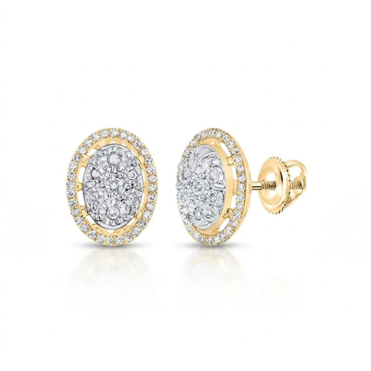 1/4CTW Natural Diamond Oval Earrings in 10K yellow gold feature oval centers and halos adorned with diamonds, secured by screw-back closures.