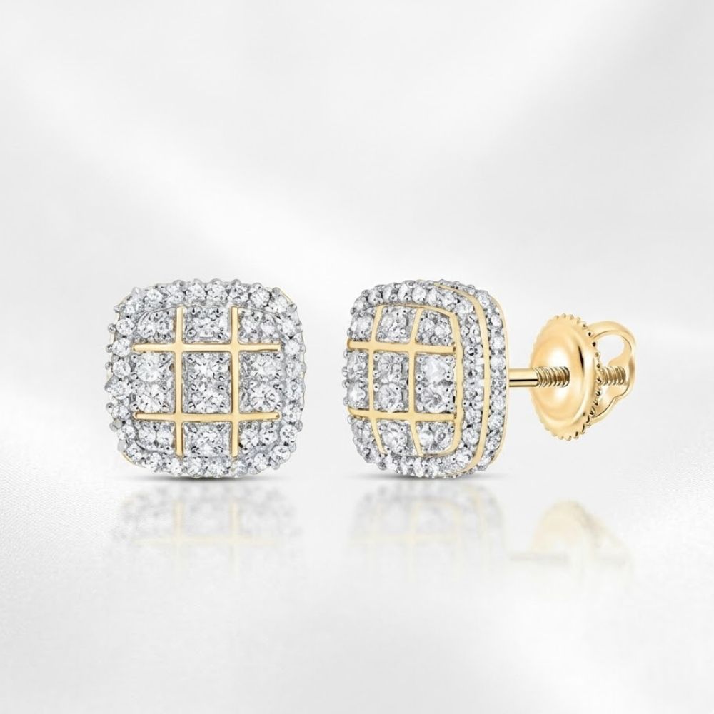 3/4CTW Natural Diamond Cushion Earrings in sterling silver, shown on a soft white background. One earring faces forward, the other reveals the screw-back post, highlighting their grid of sparkling natural diamonds.