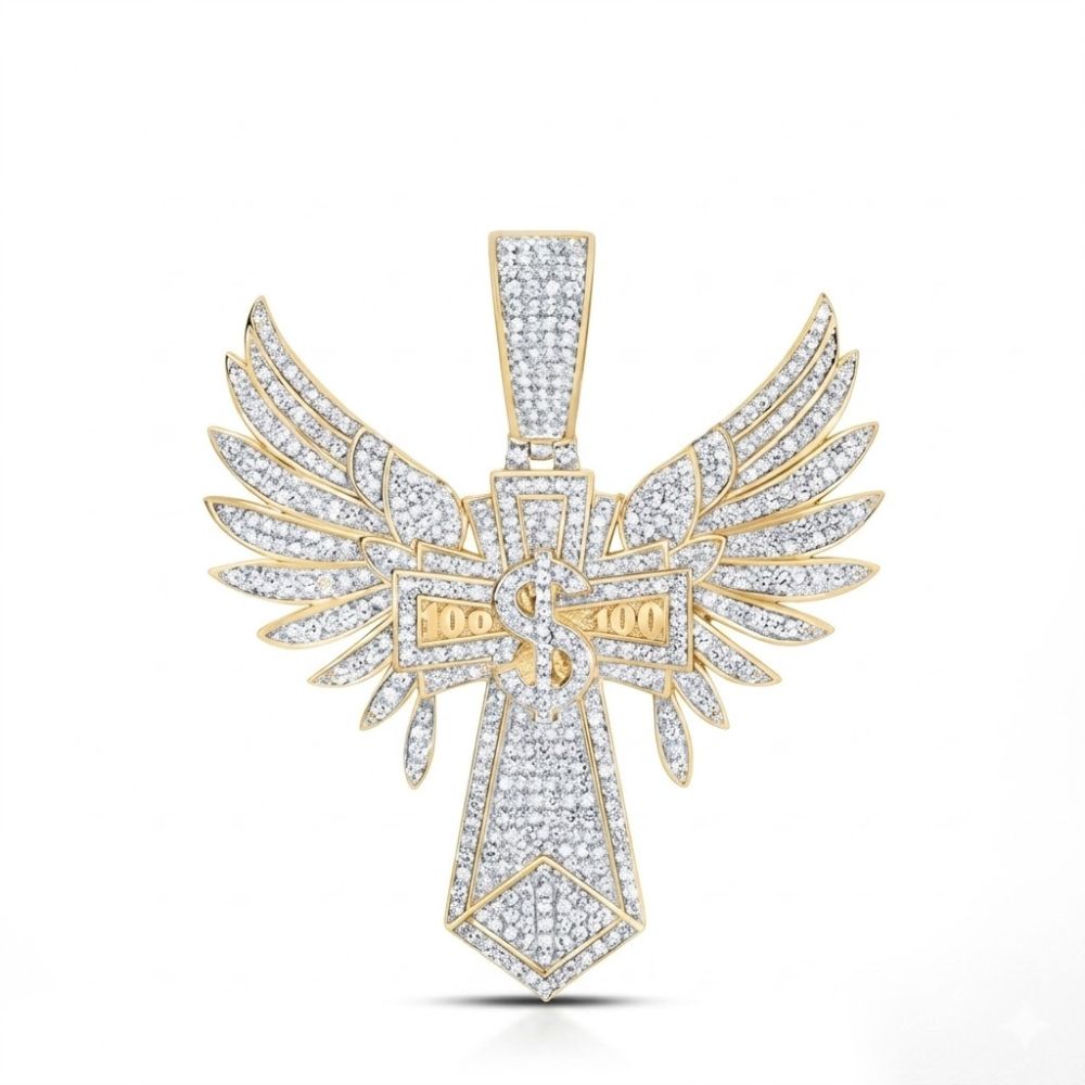 The 10K Gold Diamond Dollar Cross Charm 1.75 CTW features a gold and silver cross with angel wings, sparkling diamonds, and a dollar sign with "100" at the center—a bold men's pendant that makes a statement.