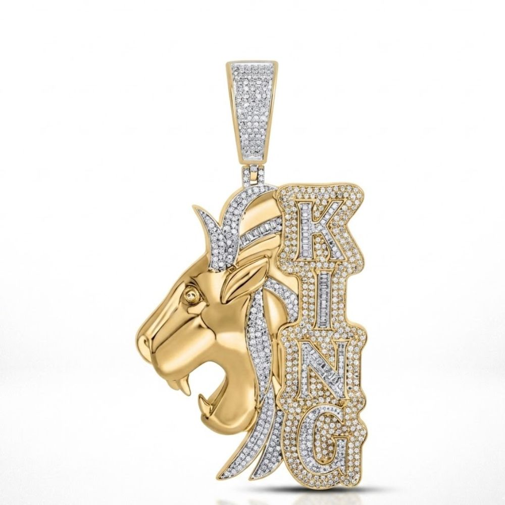The 10K Gold Diamond Lion King Charm features a lion's head and the word KING in large, diamond-encrusted letters. Crafted in 10K yellow gold with 2.2 CTW natural diamonds, this men’s charm exudes bold style and brilliance.