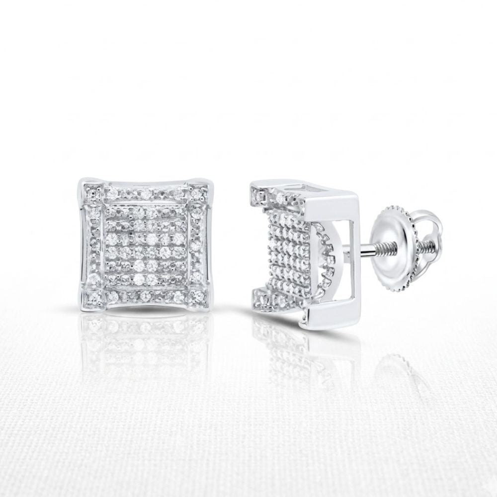 The 1/5CTW Diamond Square Men’s Earring in sterling silver features multiple small round natural diamonds in a grid pattern, set on a light background and secured with screw-back posts.
