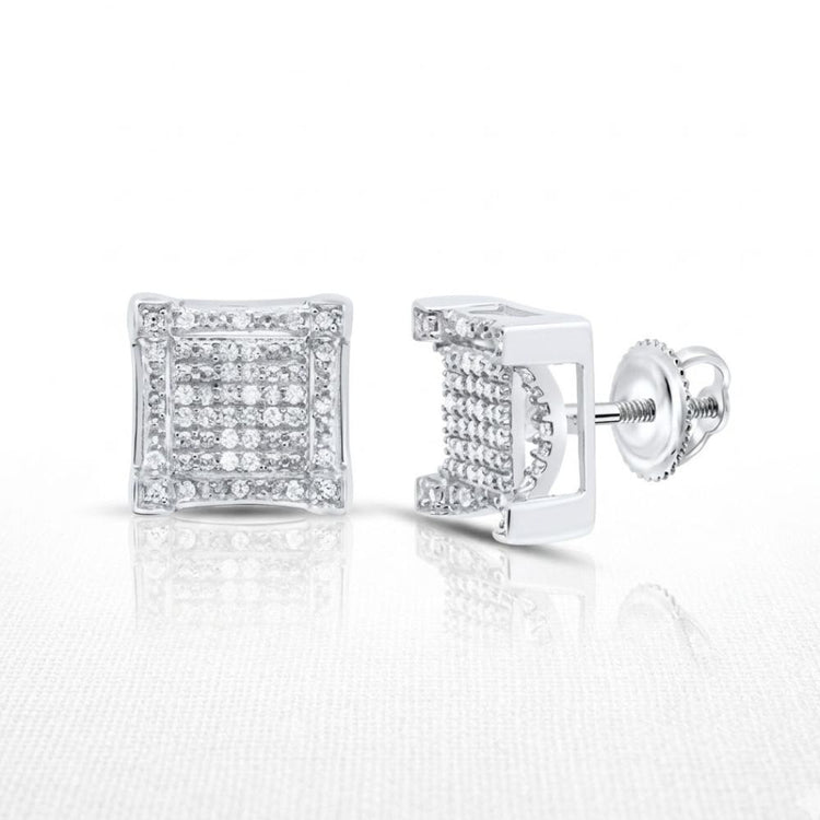 The 1/5CTW Diamond Square Men’s Earring in sterling silver features multiple small round natural diamonds in a grid pattern, set on a light background and secured with screw-back posts.
