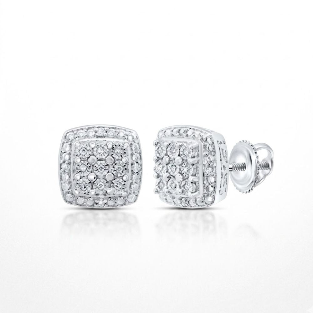 The 1/10CTW Diamond Cushion Earrings in sterling silver feature sparkling diamonds in a double halo design with screw-back closures, making them ideal natural diamond gift earrings, shown on a white background.