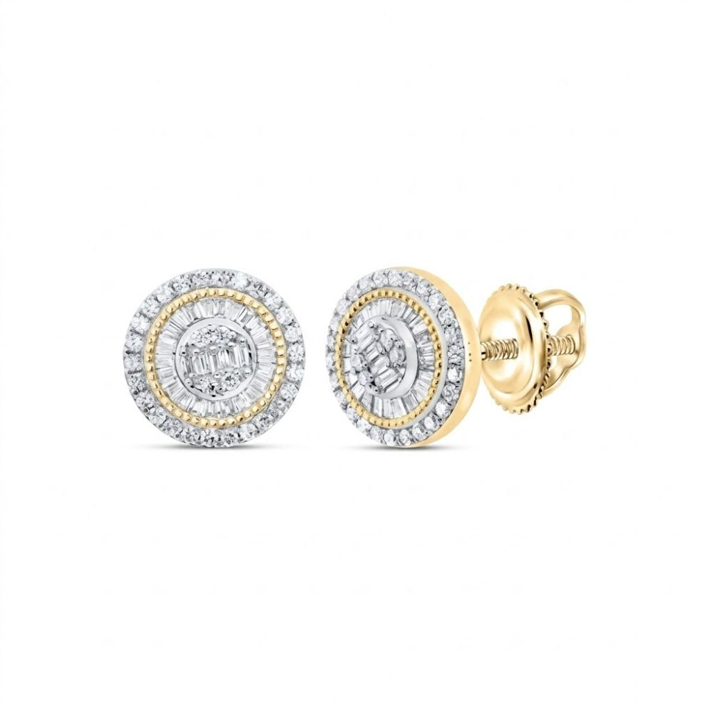 5/8CTW Natural Diamond Earrings in 10k yellow gold feature concentric circles of natural diamonds and a central cluster of baguette-cut stones, displayed against a white background.