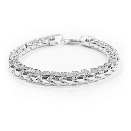 The Franco Bracelet - 4.5mm-6.5mm Solid White Gold features a diamond-cut interlocking link design, shown in a circular shape on a white background.