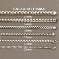 Six solid white gold Franco bracelets (4.5mm to 6.5mm widths) are shown horizontally on a gray background, each with a sparkling diamond cut and labeled by width for easy selection of your ideal bracelet style.