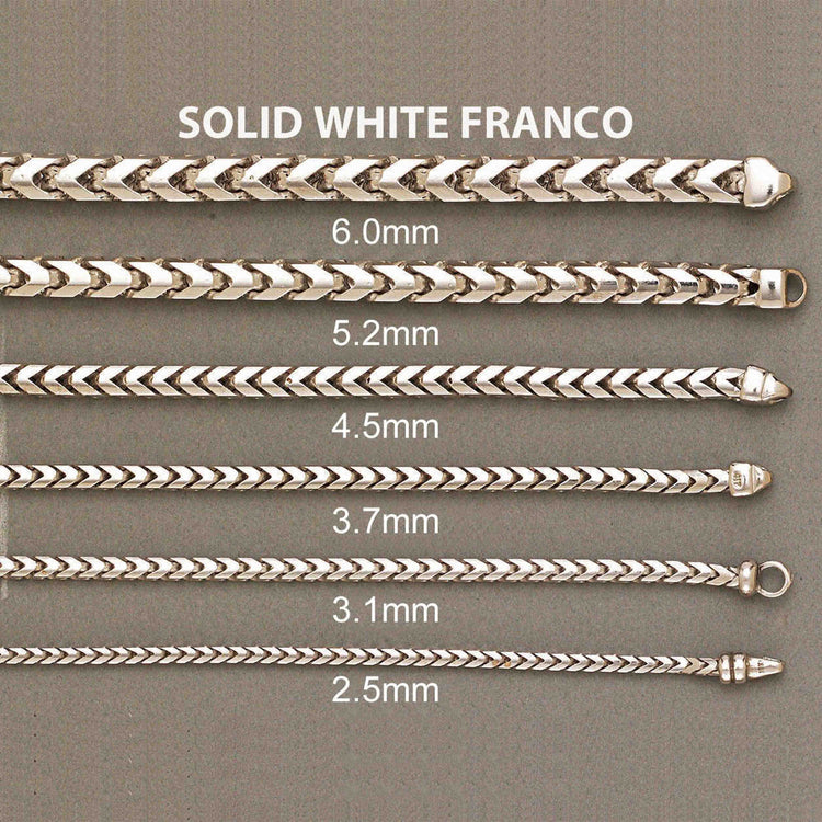 Six solid white gold Franco bracelets (4.5mm to 6.5mm widths) are shown horizontally on a gray background, each with a sparkling diamond cut and labeled by width for easy selection of your ideal bracelet style.