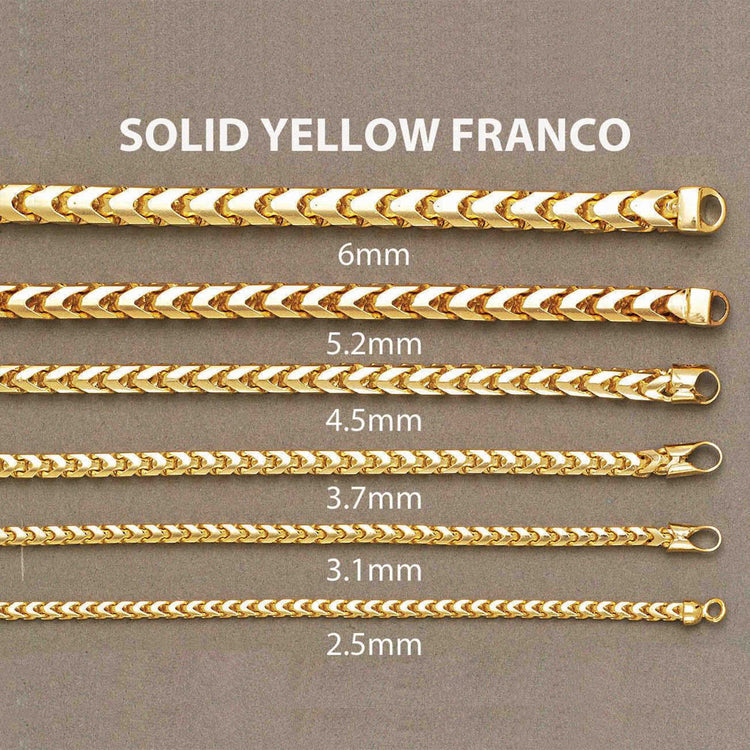 Six solid yellow Franco gold chains are displayed horizontally on a neutral background, each showing their respective widths—ideal for pairing with a Hollow Franco Bracelet - 4mm or stacking with your favorite bracelet style.