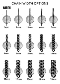 Diagram showing 15 chain widths, from 1mm to 15mm, displayed over a coin for size comparison. Includes popular options like the Hollow Franco Bracelet - 4mm.