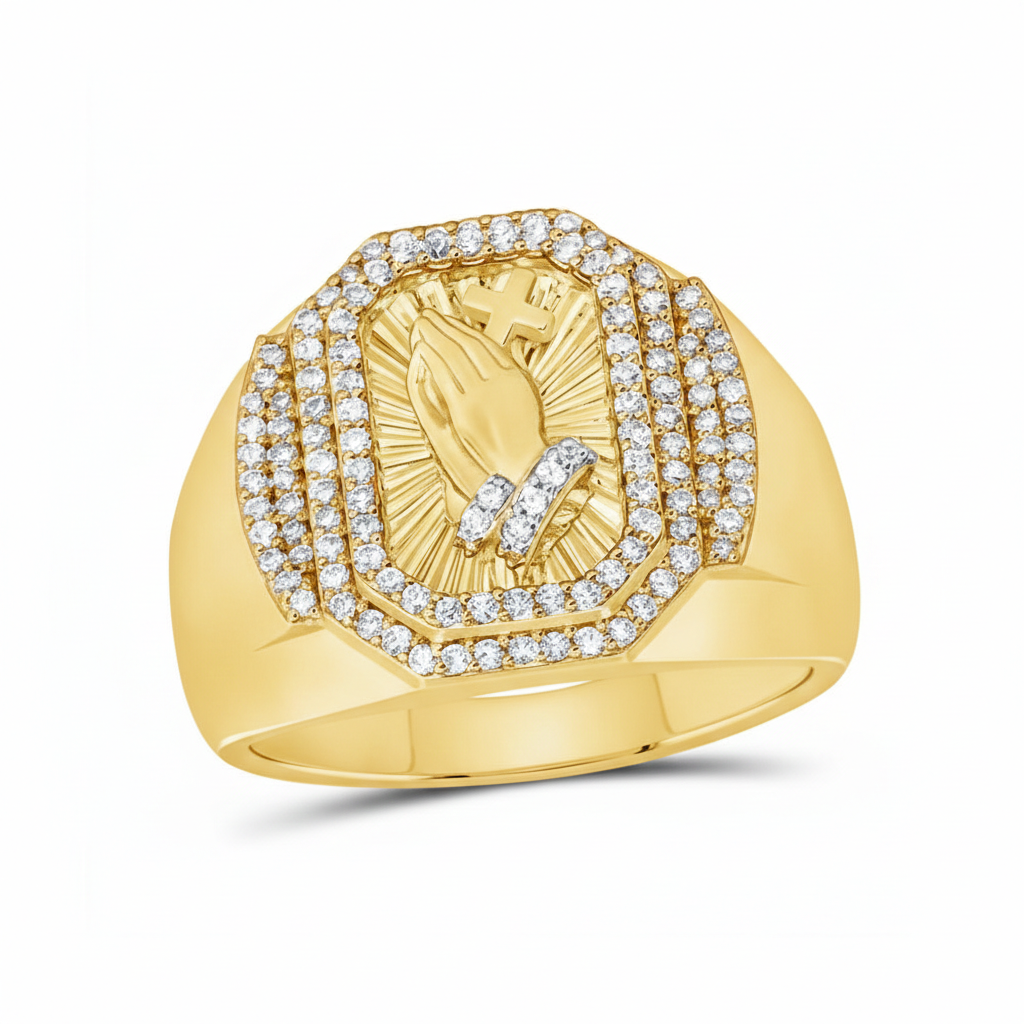 The 1/2CTW Diamond Praying Hands Cross Men’s Ring in 10k gold features engraved praying hands holding a cross, accented with diamond rows on a broad polished band.