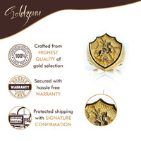The George the Victorious Men Ring – 14k Gold features an engraved shield design, with icons and text emphasizing premium gold quality, a hassle-free warranty, and signature confirmation shipping from Soldzeuu.