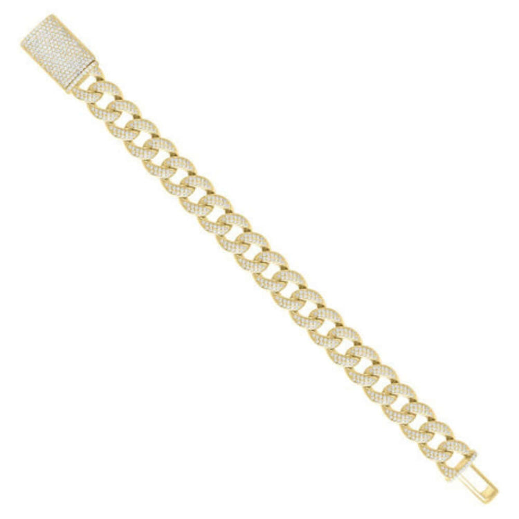 The Gold Bonded Moissanite Miami Cuban Bracelet - 14mm features a box clasp and links encrusted with sparkling VVS moissanite stones, shown against a white background.