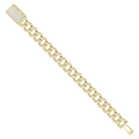 The Gold Bonded Moissanite Miami Cuban Bracelet - 14mm features a box clasp and links encrusted with sparkling VVS moissanite diamonds, shown against a white background.