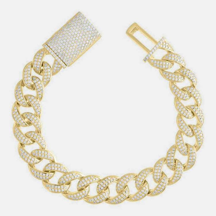 The Gold Bonded Moissanite Miami Cuban Bracelet - 14mm features a box clasp and dazzling VVS moissanite stones on each link and the clasp, shown on a white background.