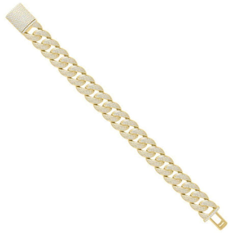 The Gold Bonded Moissanite Miami Cuban Bracelet - 16mm features VVS Moissanites encrusted on every link and the rectangular clasp, shown against a white background.