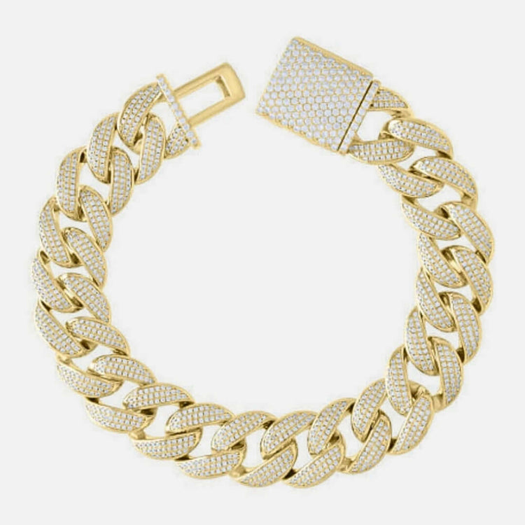 The Gold Bonded Moissanite Miami Cuban Bracelet - 16mm features a gold bonded finish and is encrusted with sparkling VVS moissanites, including on the rectangular clasp, as displayed against a white background.