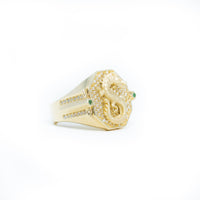 The Dragon Men Ring - 10k Solid Gold features a raised dragon on an octagonal face with clear gemstones, two green stones, and rows of sparkling gems accenting the solid gold band, all set against a white background.