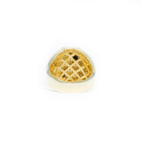 The Dragon Men Ring - 10k Solid Gold is displayed from the underside, showing a lattice-patterned interior within the setting, isolated on a white background.