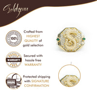 Goldzeuu promo graphic showcasing the Dragon Men Ring - 10k Solid Gold with gemstones, featuring premium quality, hassle-free warranty, and signature-confirmed shipping via elegant icons and text.