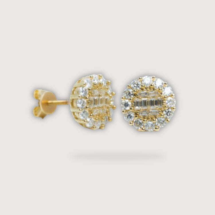 Patterned Moissanite Stud Earring - 10k Yellow Gold, featuring a central row of baguette-cut moissanites with a halo of small round stones, is displayed against a light background.