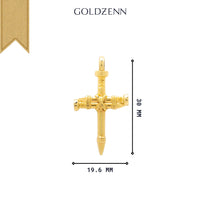 The Gold Nail Cross Pendant features intricate detailing, measures 30 mm x 19.6 mm, and is crafted in your choice of 10K or 14K gold. A gold ribbon with the brand name adds a special touch to this Christian jewelry piece.