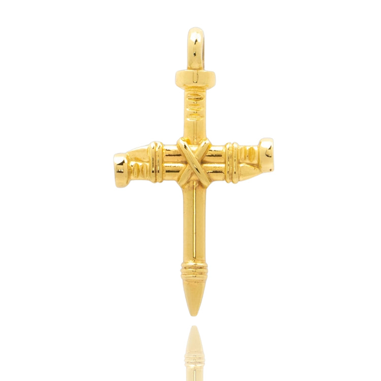 The Gold Nail Cross Pendant, available in 10K or 14K gold, features two nails bound at the center with detailed engravings and a top loop—an inspiring piece of Christian jewelry.