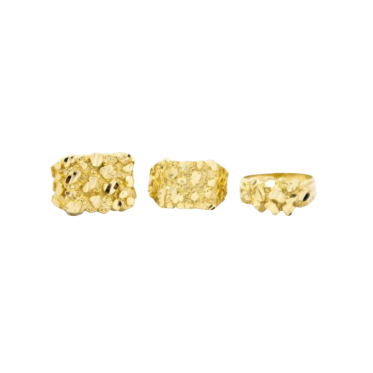 Three Gold Nugget Ring - 10k Solid Gold pieces are displayed side by side on a white background, highlighting their textured surfaces and unique designs from multiple angles.