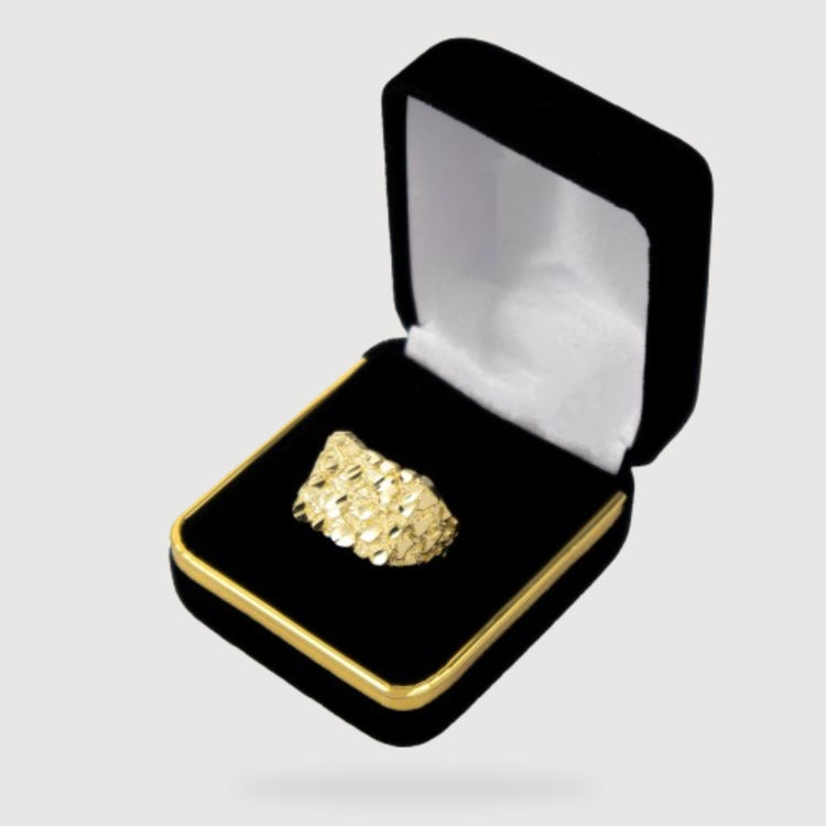 The Gold Nugget Ring - 10k Solid Gold is shown in an open black velvet jewelry box with gold trim, set against a light gray background.