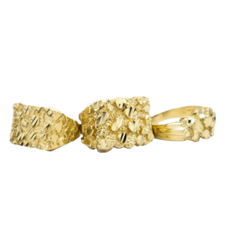 The Gold Nugget Ring is crafted from 10k solid gold and showcases a distinctive nugget pattern.
