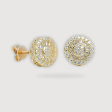  alt=" Elevate your style with gold earrings featuring radiant round and baguette moissanite stones, perfect for a touch of timeless elegance. "
