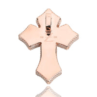 The Gothic Lab Diamond Cross Pendant features a 14k rose gold cross adorned with lab diamonds along the edges, Z and 14K engraving on the back, and a necklace bail—bringing elegant sparkle to any look.