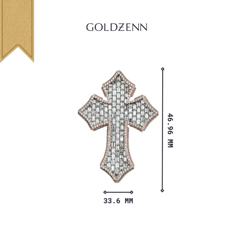 The Gothic Lab Diamond Cross Pendant features a jeweled 14k gold design with a woven silver pattern and gold edging, measuring 46.96 mm by 33.6 mm, showcased under the GOLDZENN brand on a white background.