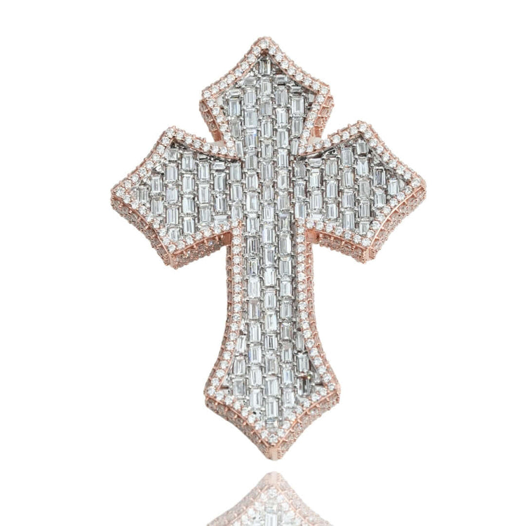 The Gothic Lab Diamond Cross Pendant, crafted in 14k gold and adorned with rectangular and round clear lab diamonds, is shown against a white background with a subtle reflection beneath.