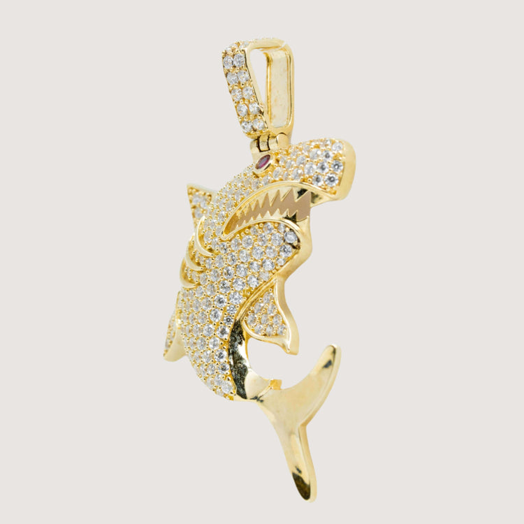 The 14k Gold Great White Shark Pendant – Men’s Gold Pendant features a CZ-encrusted great white shark with an open mouth and sparkling CZ-studded bail, shown against a plain white background.