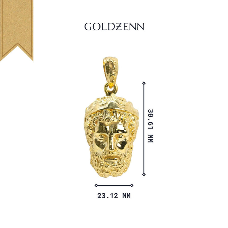 The Greek Poseidon Pendant – 14K Gold Men’s Pendant features a bearded face design, centered on a white background. It measures 38.61 mm tall by 23.12 mm wide, with GOLDZENN shown above the pendant.