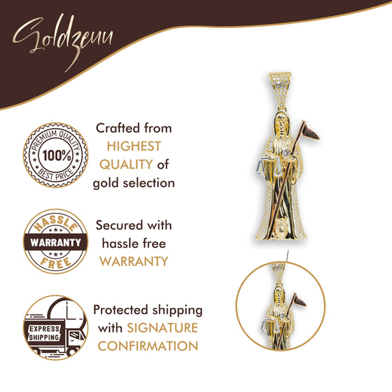 Grim Reaper / Santa Muerte CZ Pendant - 10k Gold| GOLDZENN- Feature details of the pendant.