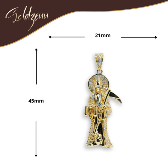 10k Gold Santa Muerte with CZ Small Pendant| GOLDZENN- Showing the pendant's dimension.