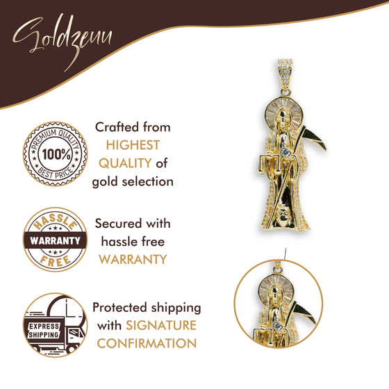 10k Gold Santa Muerte with CZ Small Pendant| GOLDZENN- Feature details of the pendant.