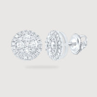 The Halo 1/2ctw Round Diamond Earrings in 14K gold feature a central cluster of diamonds encircled by a double halo of smaller stones, all set securely with screw-back posts.