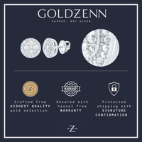 Image featuring Halo 1/2ctw Round Diamond Earrings in 14k gold, highlighting premium gold quality, warranty protection, and secure shipping with signature confirmation. Three icons represent each feature.