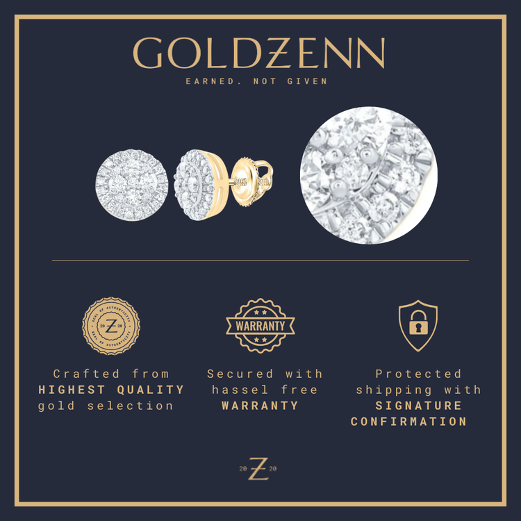 Halo 1/2ctw Round Diamond Earrings in 14k gold shown front and back on a dark background, with icons spotlighting high-quality gold, hassle-free warranty, and signature confirmation shipping.