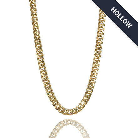 A Hollow Gold Cuban Link Chain 3mm - 7mm with a reflective yellow gold finish is shown on a white background. A dark diagonal banner in the top right corner features "HOLLOW" in bold white text.