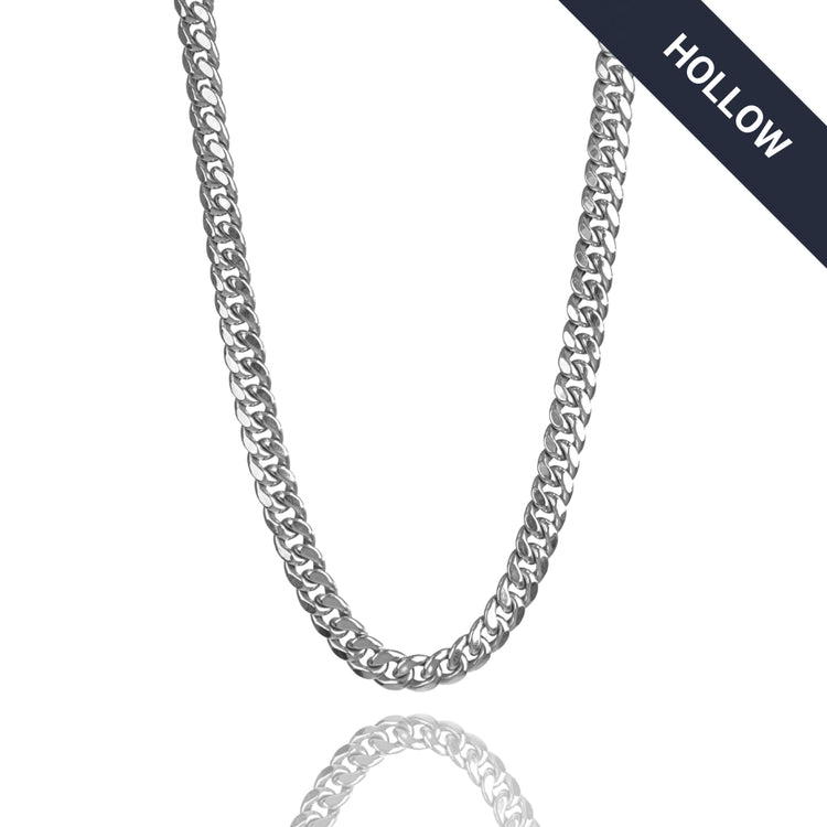 A Hollow White Gold Cuban Link Chain 3mm - 7mm is displayed on a white background with its reflection below and a HOLLOW label in the top right corner.