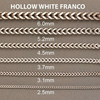 Seven Hollow White Gold Franco Chains in widths from 2mm to 5.5mm are displayed on a gray background, elegantly showcasing the range of Franco Chain - 2mm-5.5mm Hollow White Gold options.
