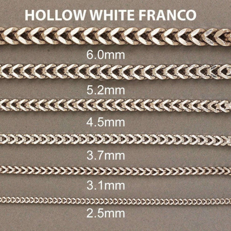Seven Hollow White Gold Franco Chains in widths from 2mm to 5.5mm are displayed on a gray background, elegantly showcasing the range of Franco Chain - 2mm-5.5mm Hollow White Gold options.